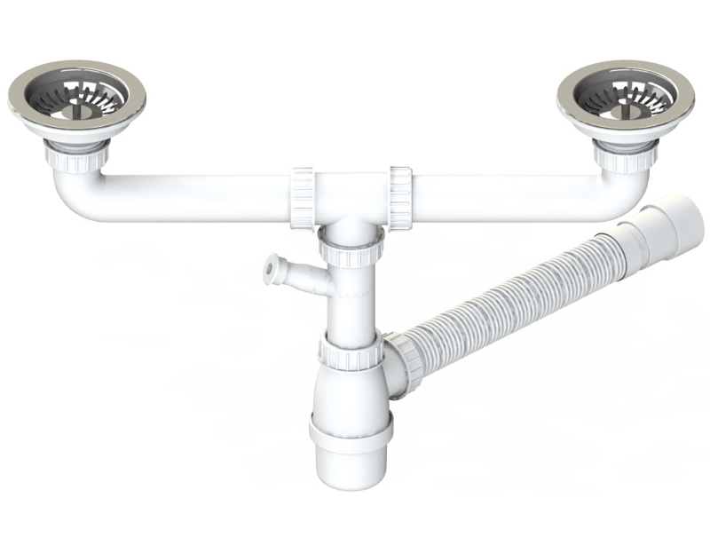 Plumbing kit for two-bowls kitchen sinks: Ø114 Multi Ray basket strainer  wastes and bottle trap with flexible hose and dishwasher connection. Code:  550-R-195-AL-TP, Plumbing sets with Ø114 waste, Plumbing sets with bottle